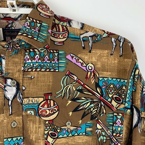 Vintage Panhandle Slim Button Front Shirt Medium Native American Indian Brown - Picture 4 of 8